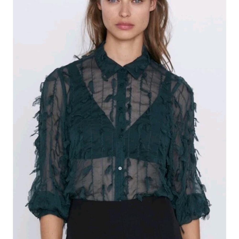 NWT ZARA Green FRINGED SHIRT Semi Sheer Collared Long Sleeve Small Forest Fairy